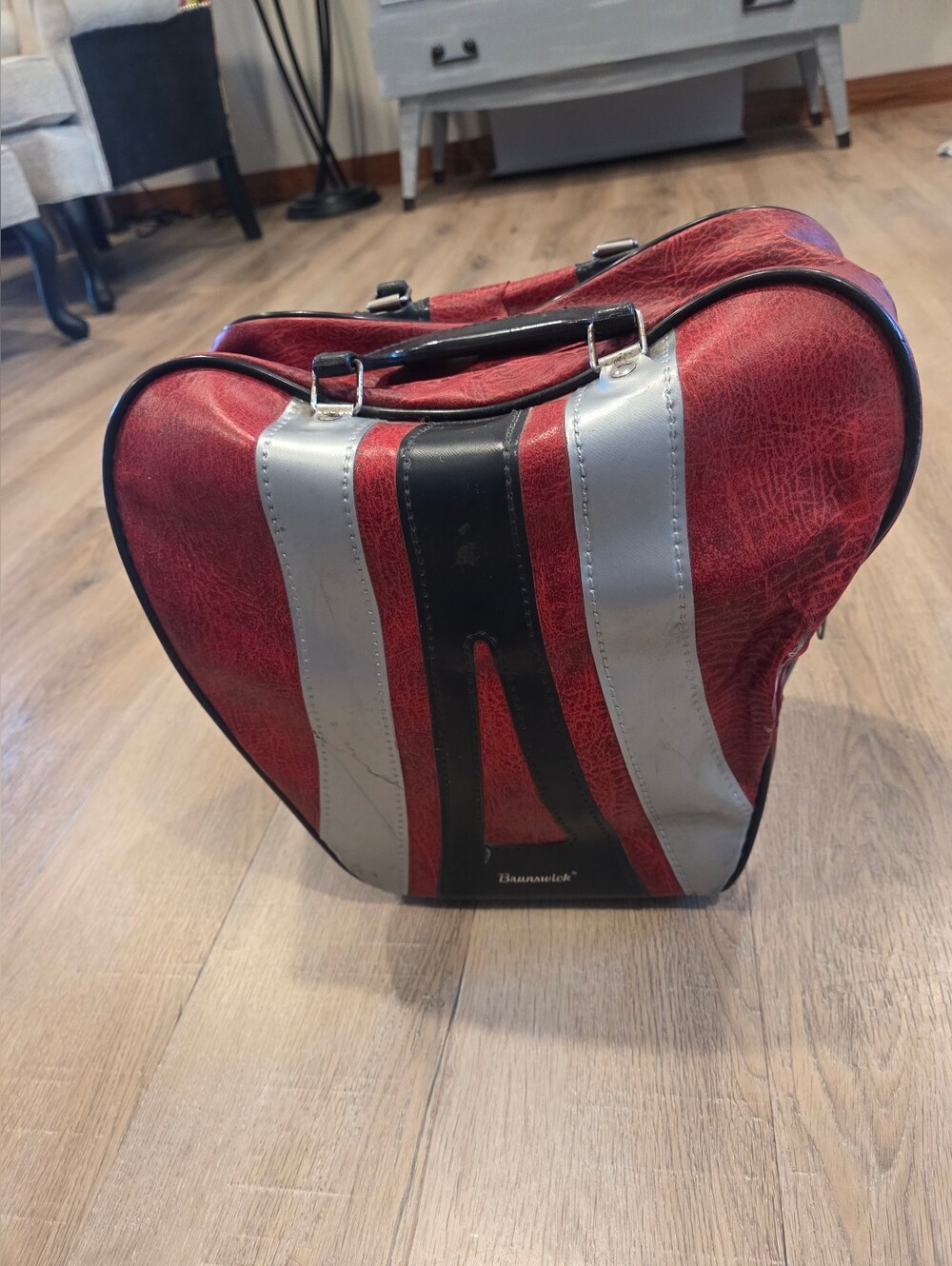 Vtg 80s Brunswick Don Carter Bowling Bag Red Black Silver Vinyl Dbl Handles